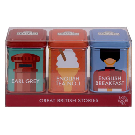 Ahmad Tea Great British Stories Caddies with 3 Black Loose Leaf Tea 75g