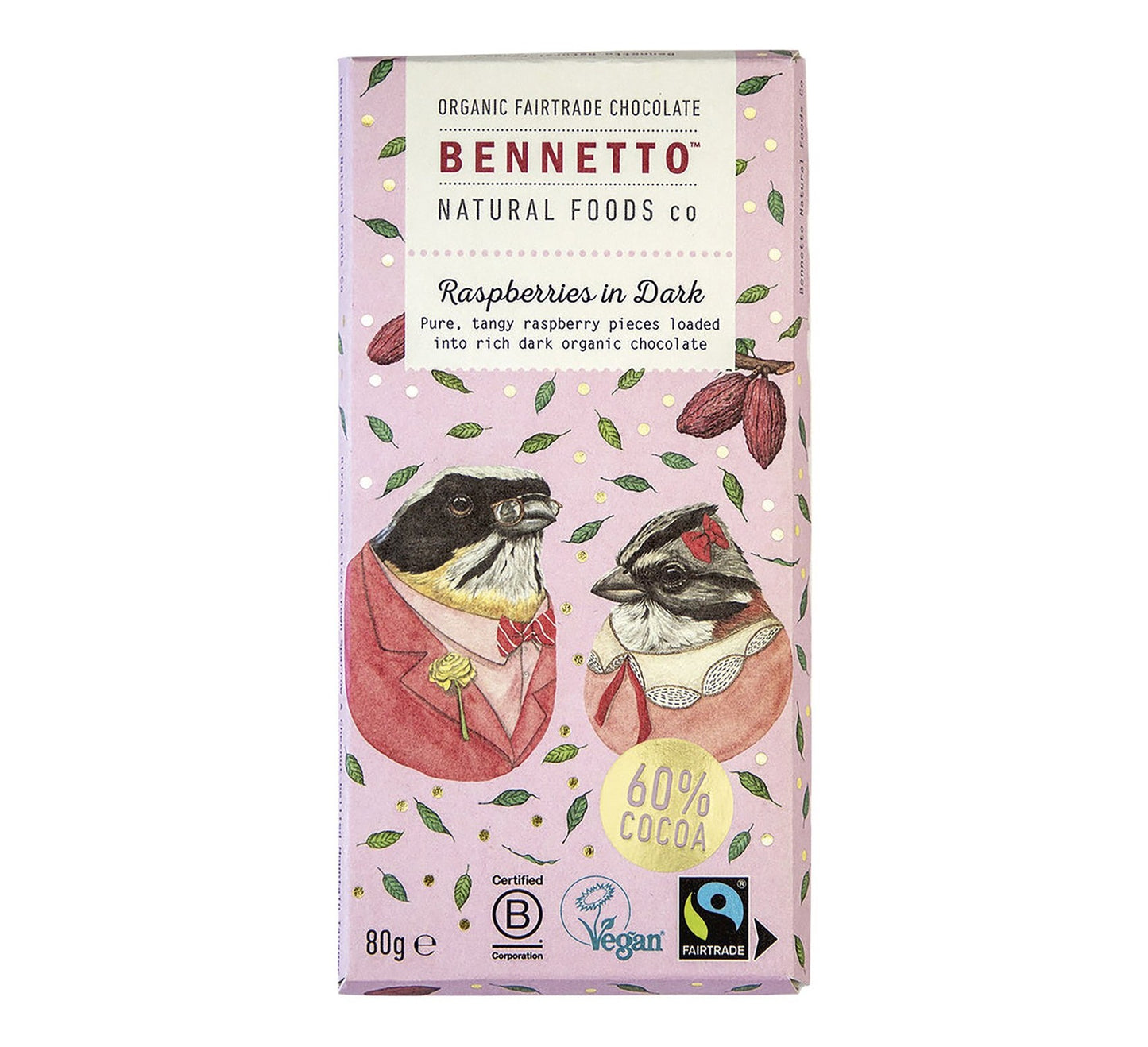 Bennetto Raspberries in Dark Chocolate Bar 80g