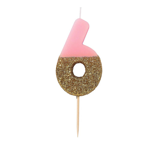 Talking Tables Pink & Gold Glitter Number Candle - 6