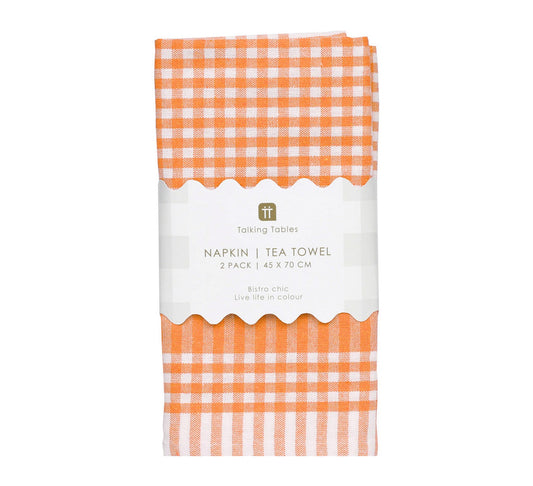 Talking Tables Orange & White Fabric Gingham Napkins/Tea Towels - 2 Pack
